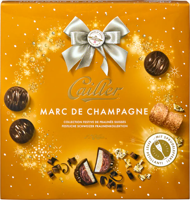 Collection festive de pralinés suisses Marc de Champagne Cailler
